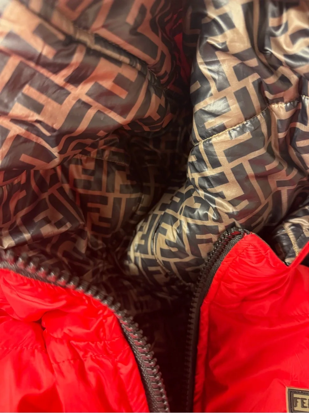 Fendi Logo Puffer Jacket in Brown, Black & Red